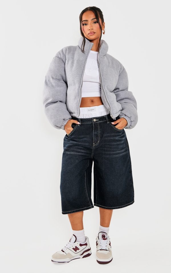 Petite Grey Wool Look Cropped Puffer Jacket
