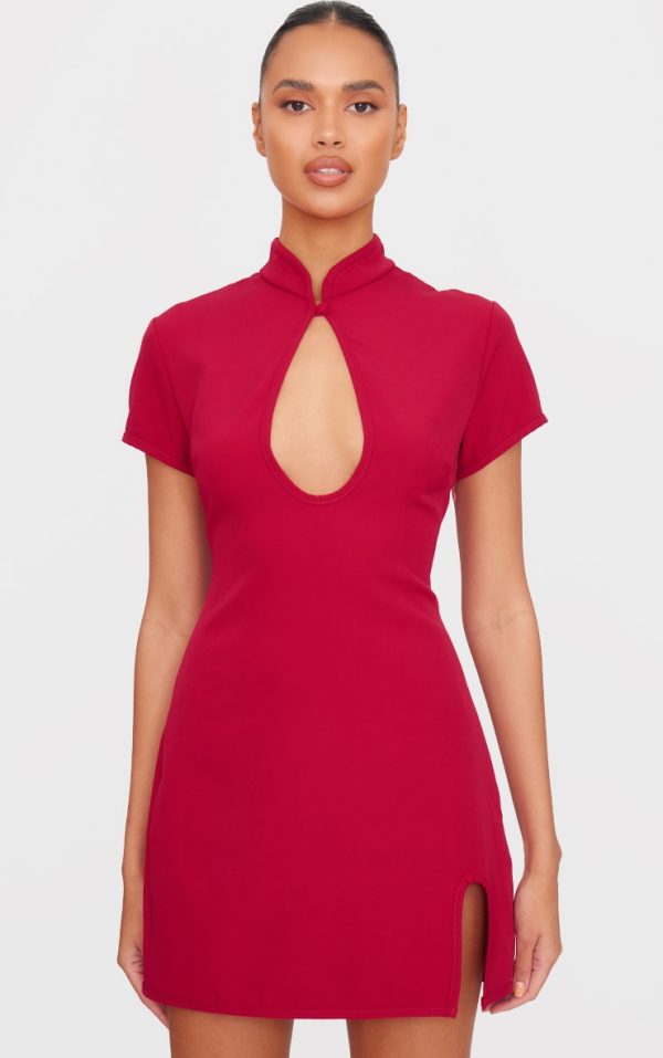 Burgundy Key Hole Contrast Mini Dress
