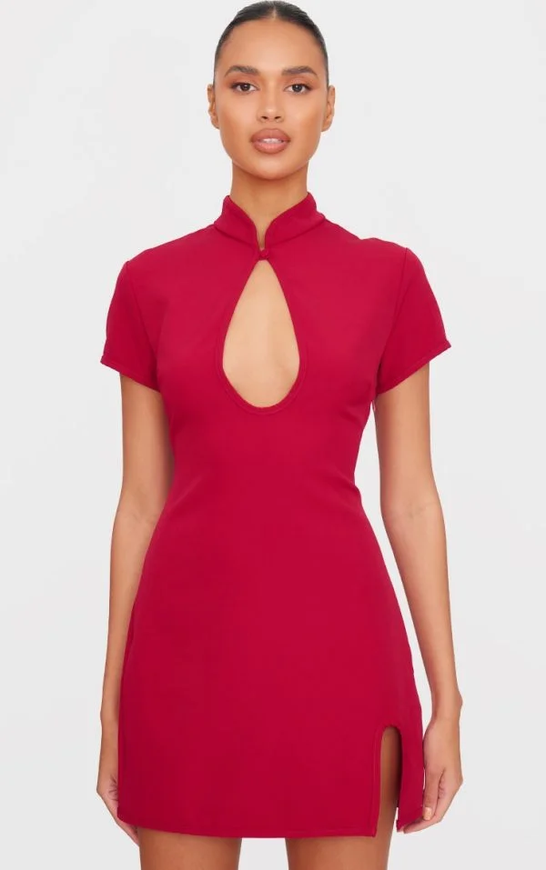 Burgundy Key Hole Contrast Mini Dress