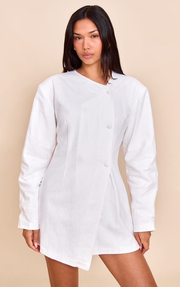 White Premium Linen Cinched Waist Cocoon Sleeve Mini Dress