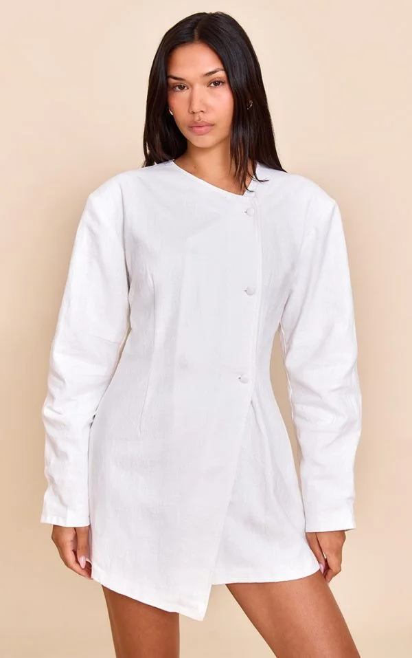 White Premium Linen Cinched Waist Cocoon Sleeve Mini Dress
