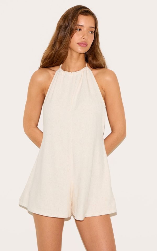 Natural Linen Look Halterneck Floaty Romper