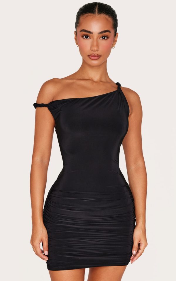 Petite Black Double Slinky Asymmetric Neckline Twist Detail Mini Dress