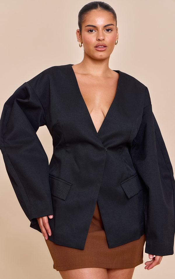 Plus Black Cocoon Sleeve Cinched Waist Pocket Blazer