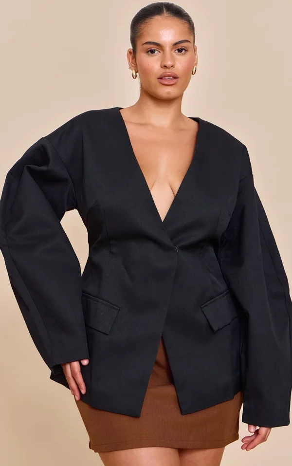 Plus Black Cocoon Sleeve Cinched Waist Pocket Blazer