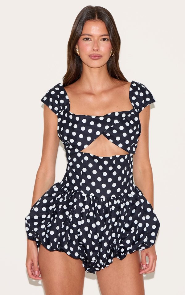 Black Polka Dot Woven Puffball Cap Sleeve Romper