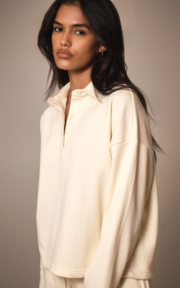 Cream Loopback Oversized Polo Detail Sweatshirt