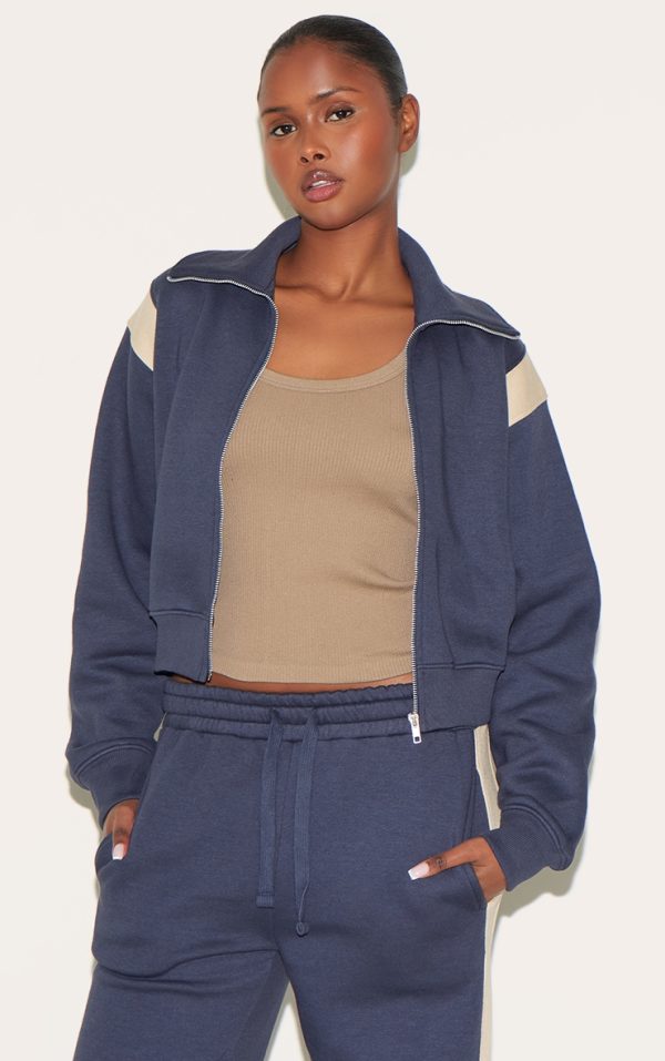 Midnight Blue Contrast Panel Zip Through Collared Sweatshirt