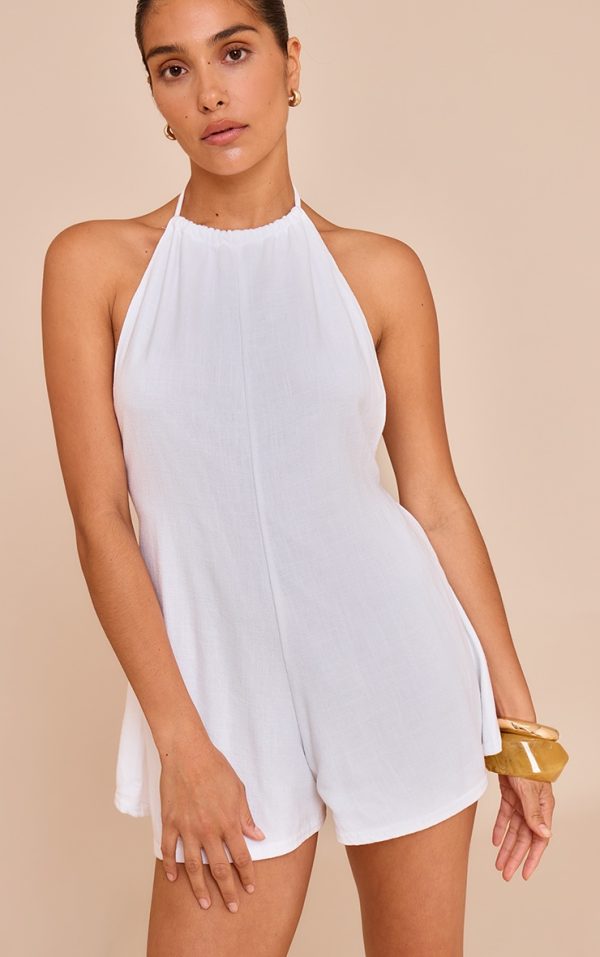 Petite White Linen Look Halterneck Floaty Romper