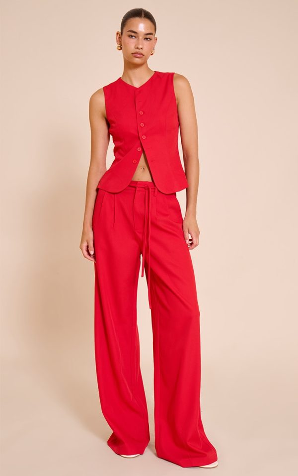 Tomato Red Tailored Tie Detail Woven Wide Leg Pants