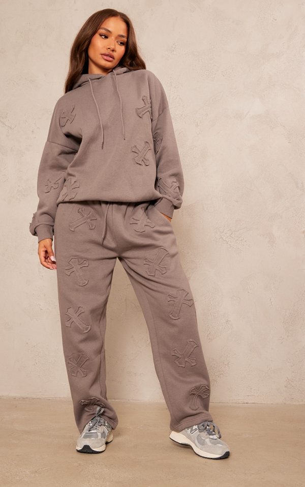 Petite Charcoal Cross Applique Embroidered Sweatpants