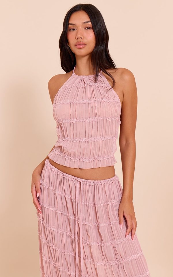 Mauve Chiffon Ruched Frill Detail Halterneck Top