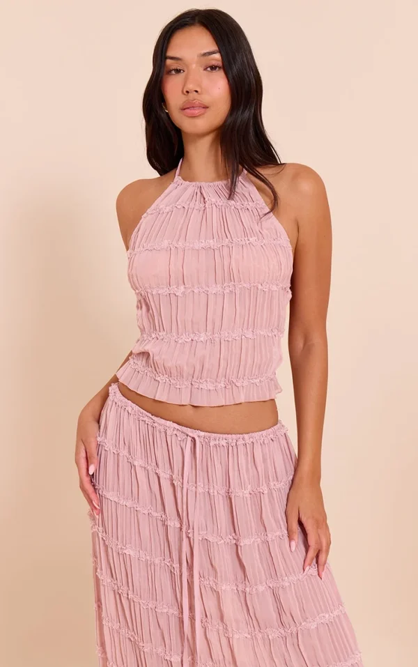 Mauve Chiffon Ruched Frill Detail Halterneck Top