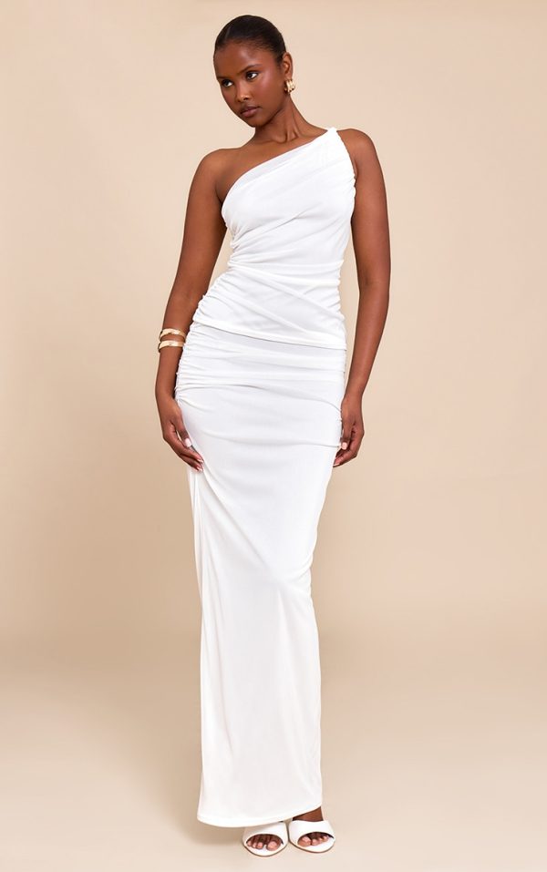 White Mesh Ruched Maxi Skirt