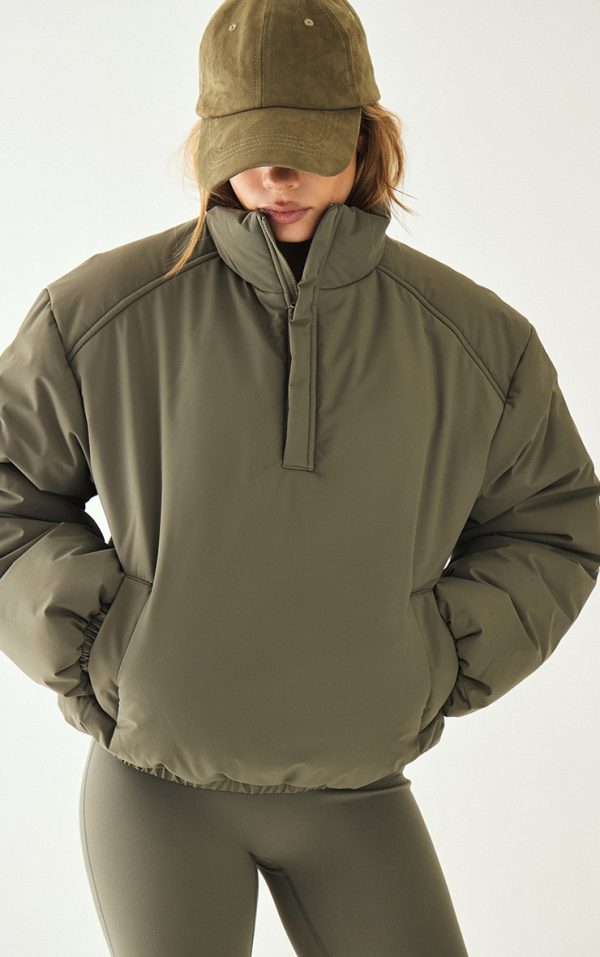 Olive High Neck Cropped Puffer Jacket