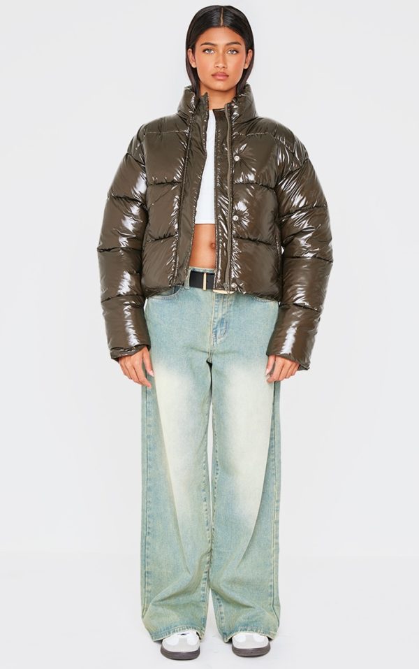 Khaki Quilted High Shine Puffer