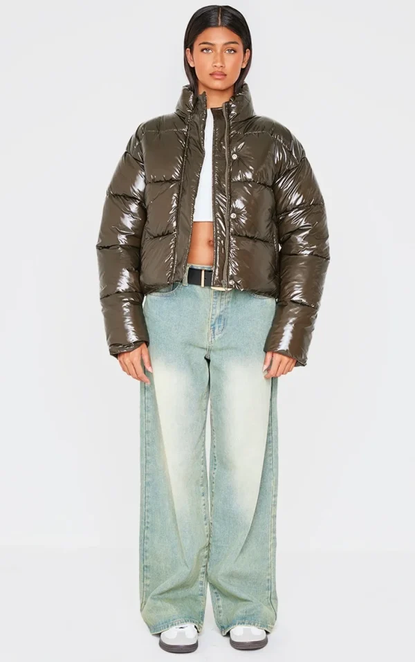Khaki Quilted High Shine Puffer