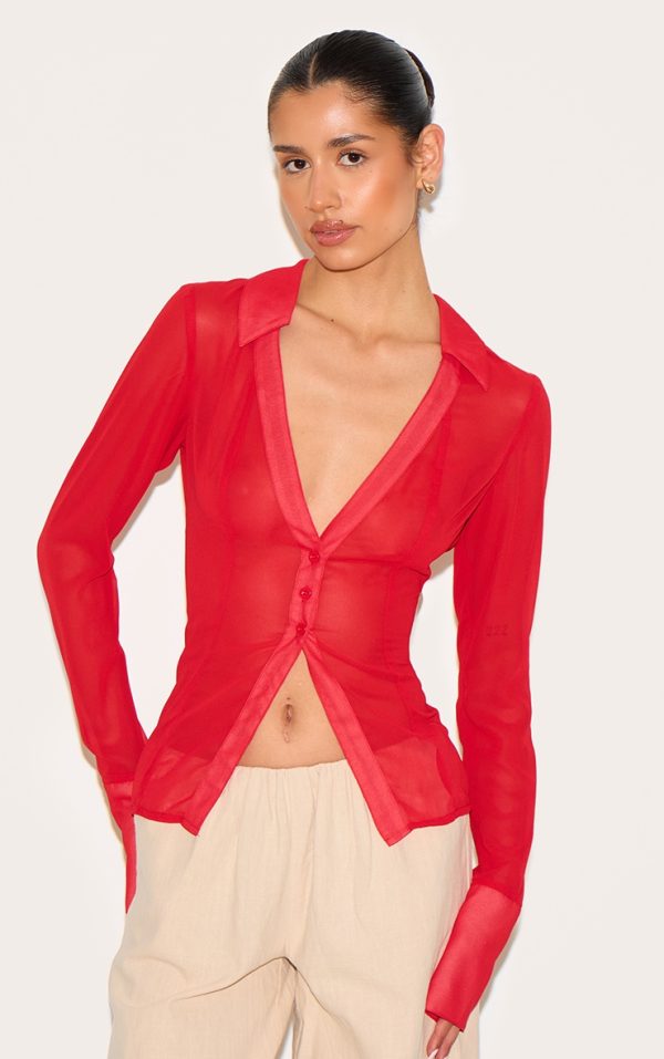 Tall Red Mesh Button Front Blouse