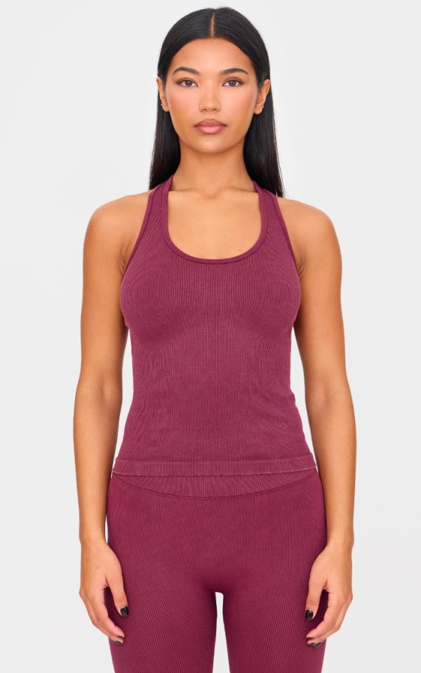 Deep Burgundy Acid Wash Seamless Rib Halter Neck Gym Top