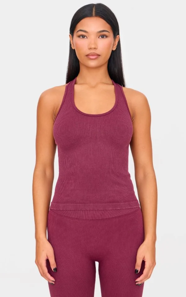 Deep Burgundy Acid Wash Seamless Rib Halter Neck Gym Top