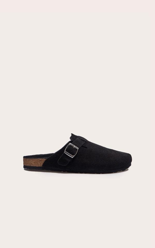 Black Real Suede Leather Round Toe Buckle Slip On Clog