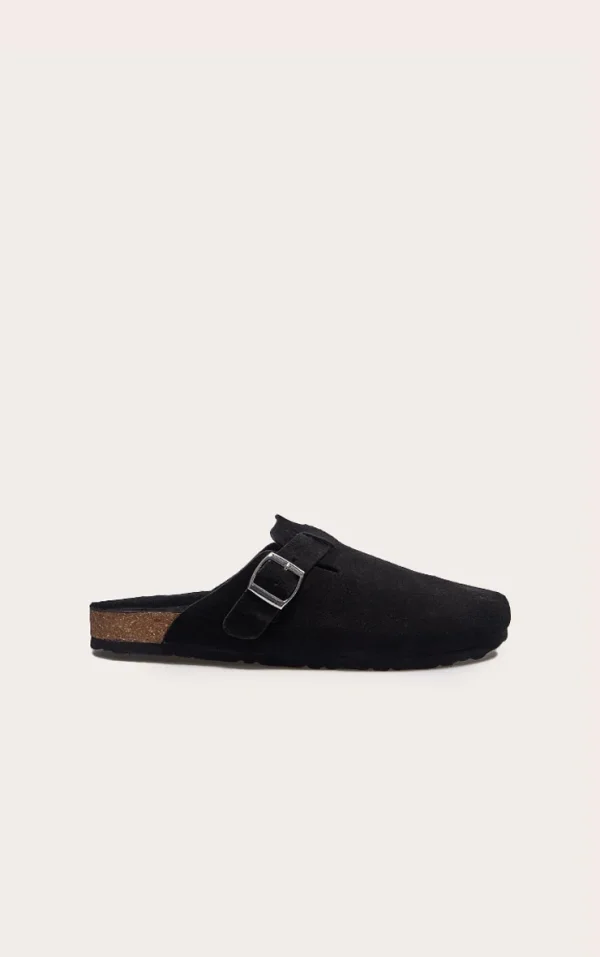 Black Real Suede Leather Round Toe Buckle Slip On Clog