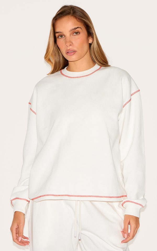Cream Contrast Stitch Loopback Sweatshirt