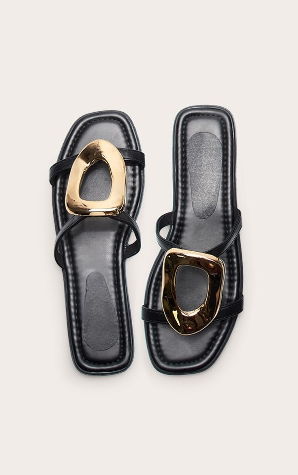 Black PU Double Strap Gold Statement Sandals