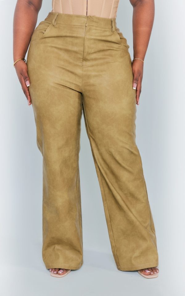 Plus Olive Washed Faux Leather Straight Leg Pants