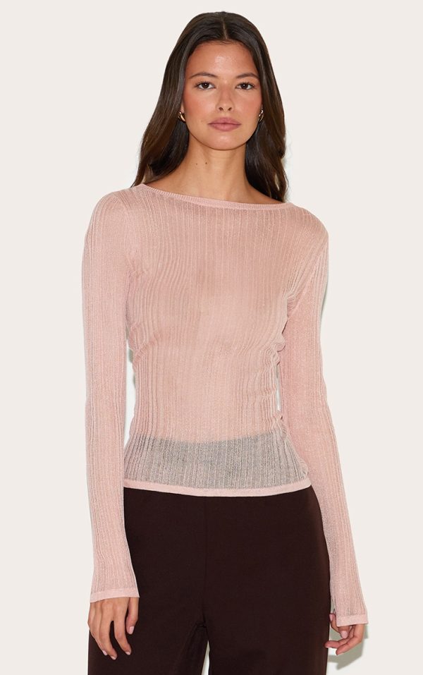 Pink Sheer Knit Long Sleeve Boat Neck Top