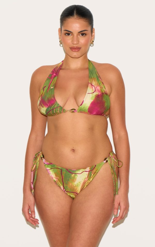 Plus Olive Orchid Print Triangle Bikini Top