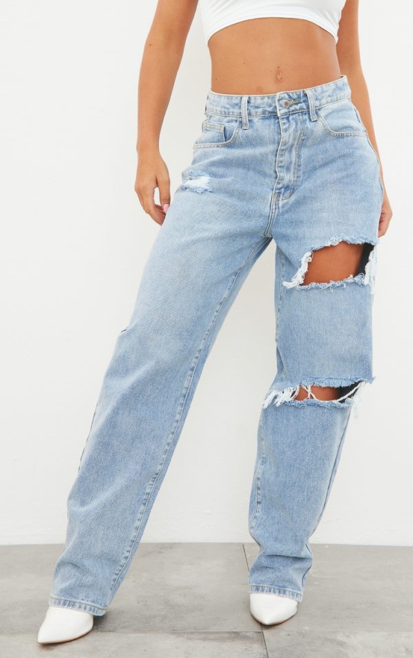 PRETTYLITTLETHING Light Blue Wash Open Knee Boyfriend Jeans