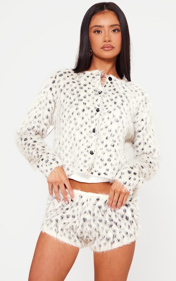 Petite Cream Fluffy Knit Cheetah Print Cardigan