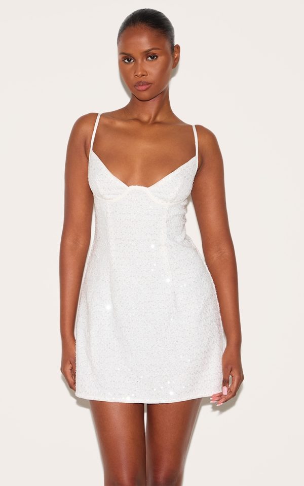 White Textured Sequin Corset Strappy Bodycon Dress