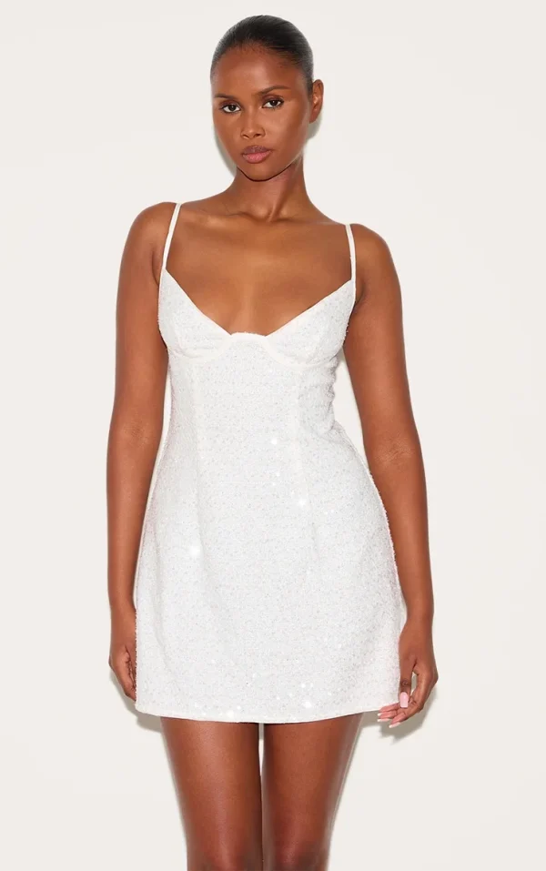 White Textured Sequin Corset Strappy Bodycon Dress