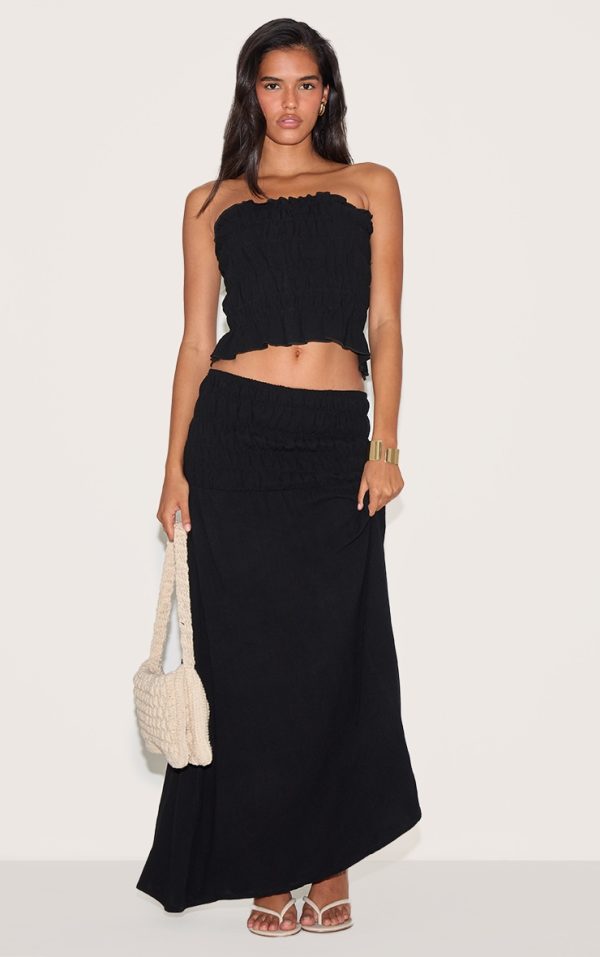 Black Shirred Linen Look Panel Mid Rise Maxi Skirt
