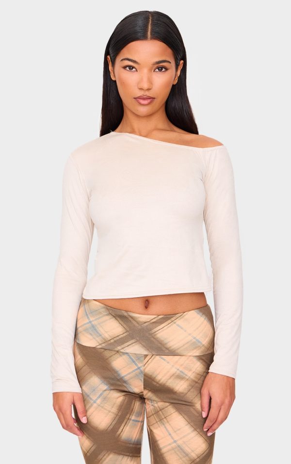 Stone Faux Suede Asymmetric Neck Long Sleeve Top