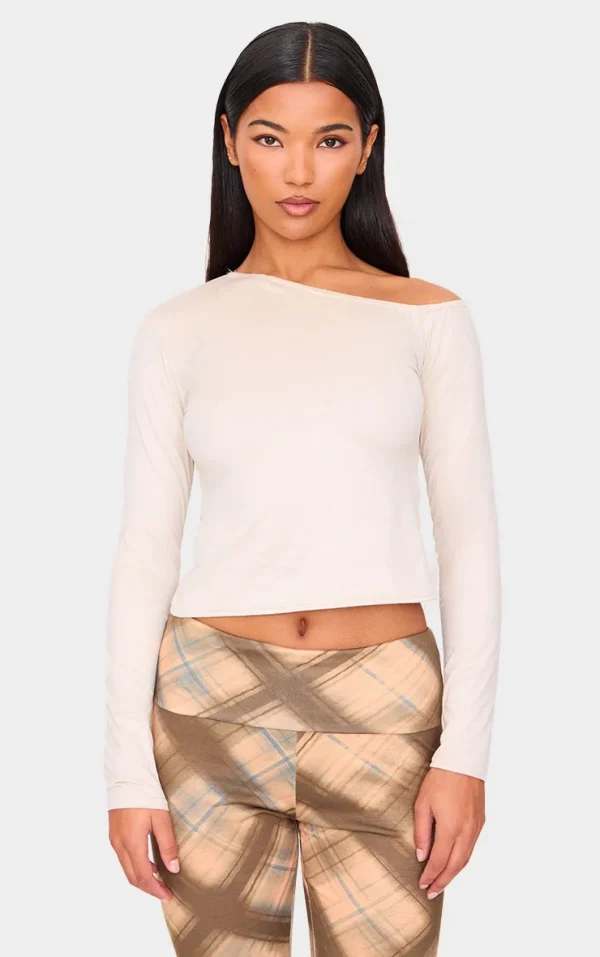 Stone Faux Suede Asymmetric Neck Long Sleeve Top