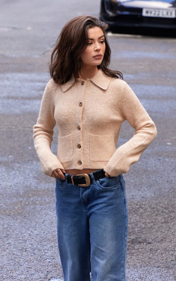 Beige Soft Textured Knit Button Up Collar Detail Cardigan