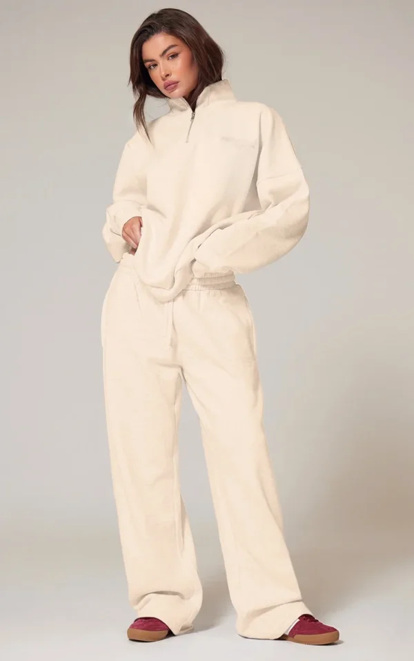 Ecru Premium High Neck Quarter Zip Oversized Sweatshirt