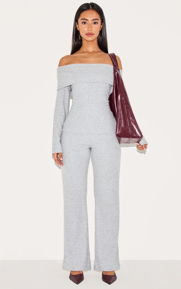 Petite Grey Ribbed Wide Leg Pants