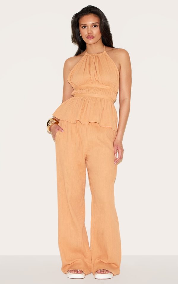 Apricot Cheesecloth Low Rise Wide Leg Pants