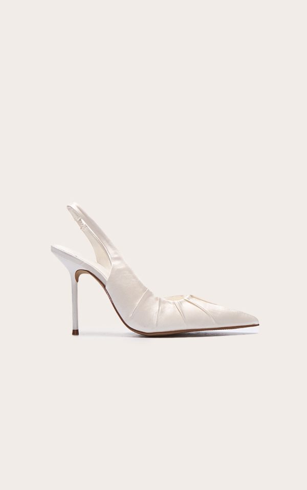 Ivory Satin Point Toe Ruched Sling Back High Stiletto Heeled Courts