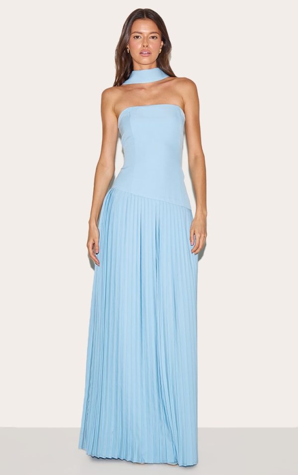 Pale Blue Woven Asymmetric Pleated Maxi Dress