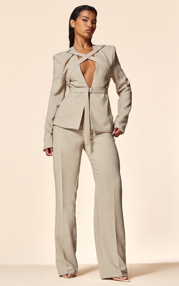 PLT Label Oatmeal Tailored Straight Leg Pants