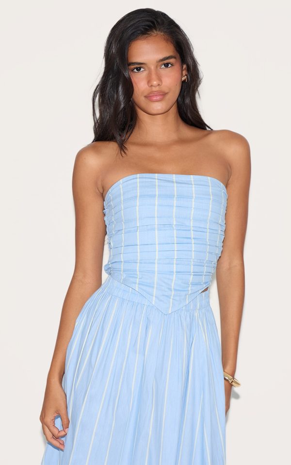 Blue Cotton Poplin Ruched Front Bandeau Top