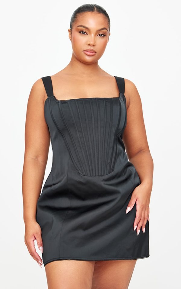 Plus Premium Black Woven Lace Back Corset Bodycon Dress