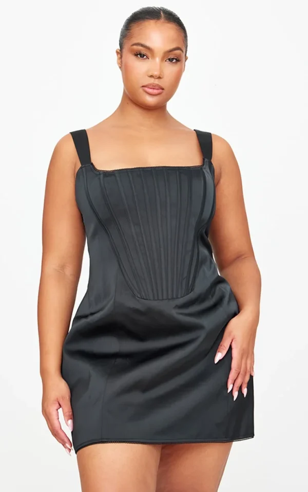 Plus Premium Black Woven Lace Back Corset Bodycon Dress