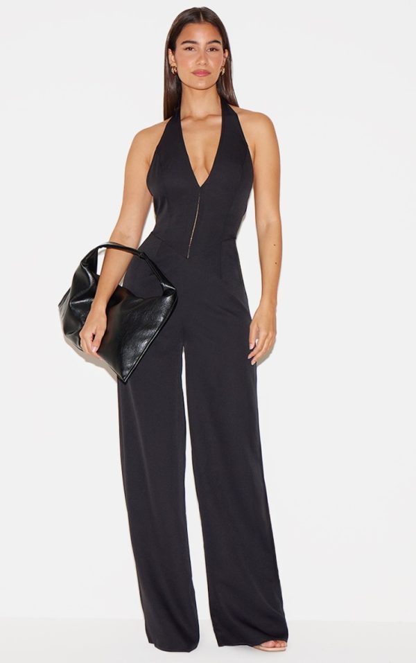 Black Woven Halter Neck Hook And Eye Detail Wide Leg Jumpsuit