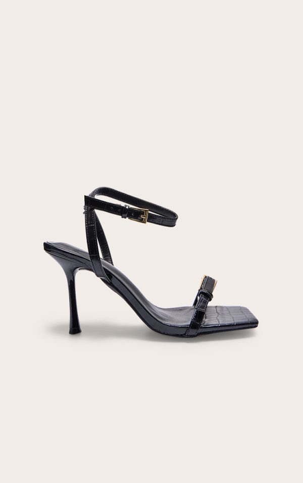 Black Croc PU Square Toe Double Buckle High Stiletto Heeled Sandals